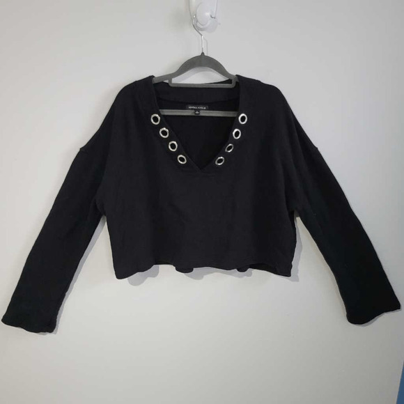 Kendall & Kylie Women's L Long Sleeved Crop Top Grommet Neckline Grunge Motocore - Picture 2 of 7